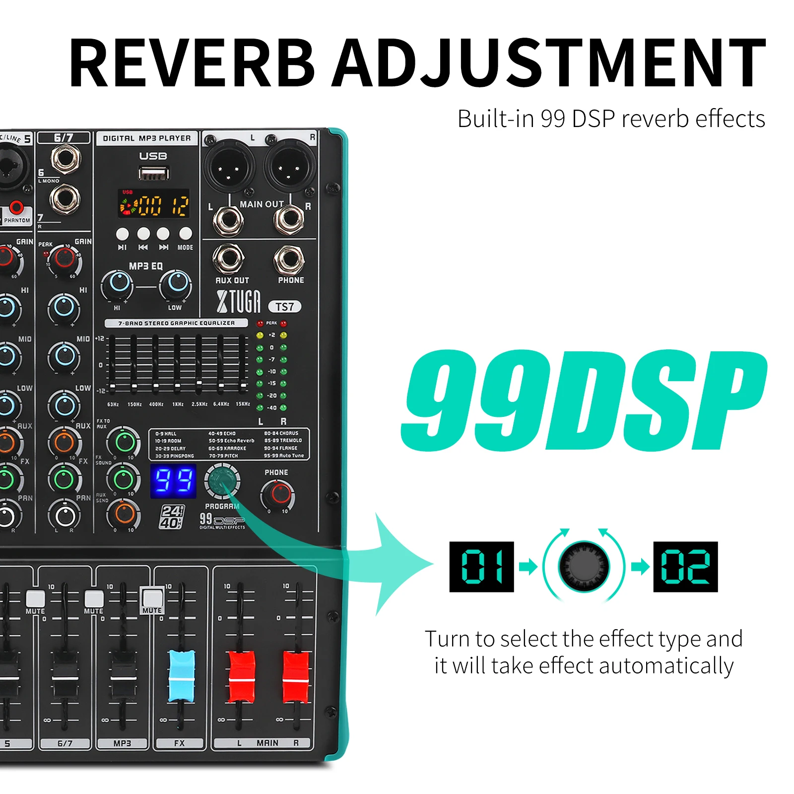 Xtuga TS7 Sound Mixing Console - 7 Channels for DJ Control