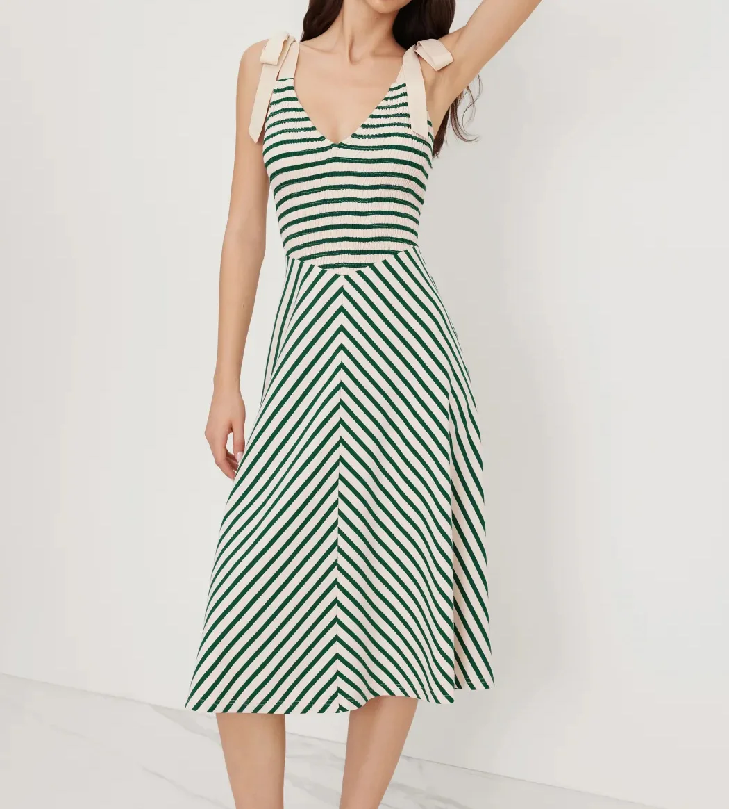 green and white chevron maxi dress Beige Stripe Midi Dress, Women's Tie Shoulder Smocked V Neck A-Line Summer Casual Dresses MD8.26