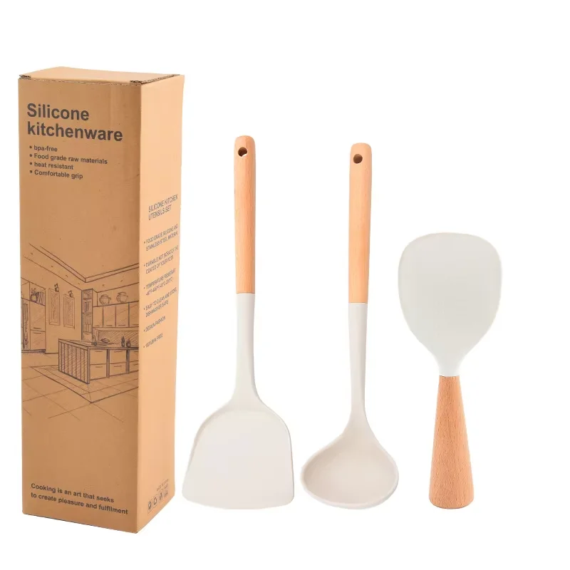 Wooden Handle Silicone Kitchenware Set Non-Stick Spatula Silicone Spoon Rice Spoon 4-Piece Dishwasher & Oven Safe Sustainable