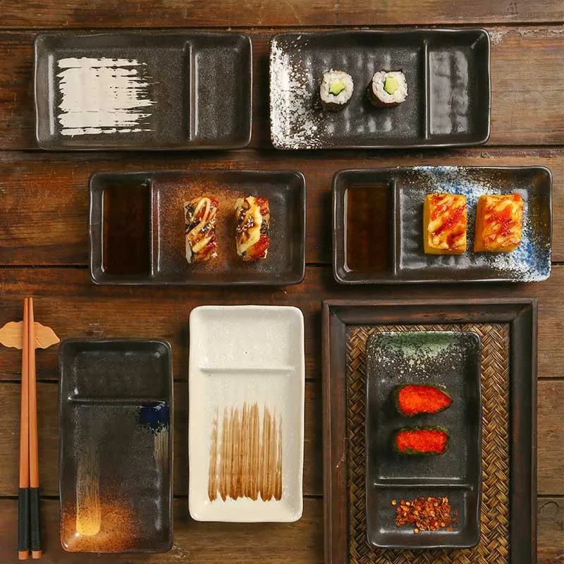 Rectangular Japanese Sushi Plates Black Matte Creamic 2 Compartment Plate Eco-Friendly Ceramic Divided Dumplings Dish