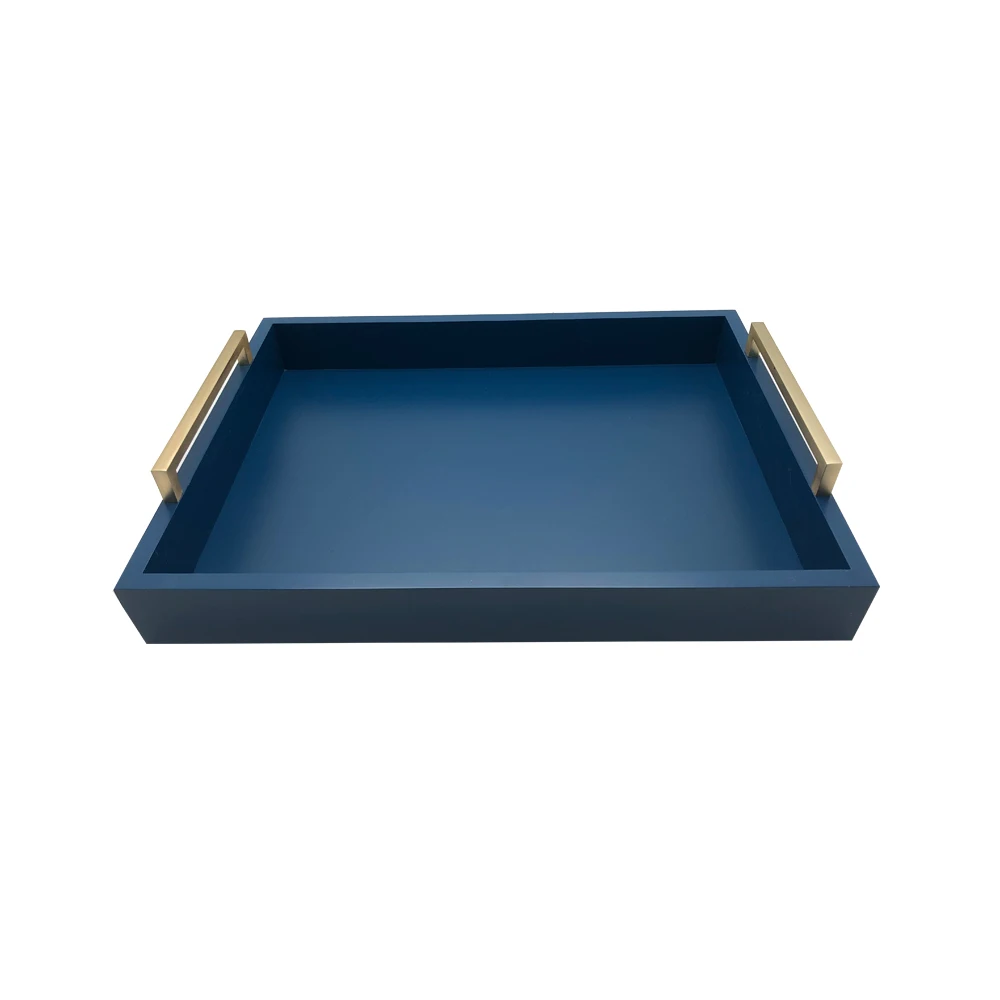 Phota New arrival serving wood Ottoman tray with square metal handle for living room, kitchen