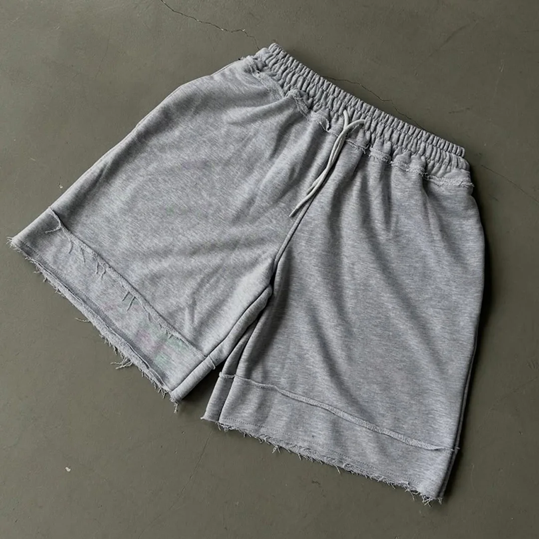 Nové letní modely mužských sportovních bavlněných shortů pro městský styl, vysokokvalitní, potisk na obrazovce, ruční zpracování, surové okraje, šňůrka, výroba na zakázku