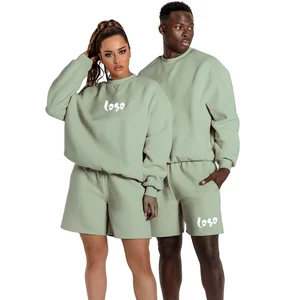 Spring Custom Logo Unisex Crew Neck Sweater   Cotton Solid Tracksuit Sweatshirt Shorts Set Jogging   Sweatsuit for Men Women