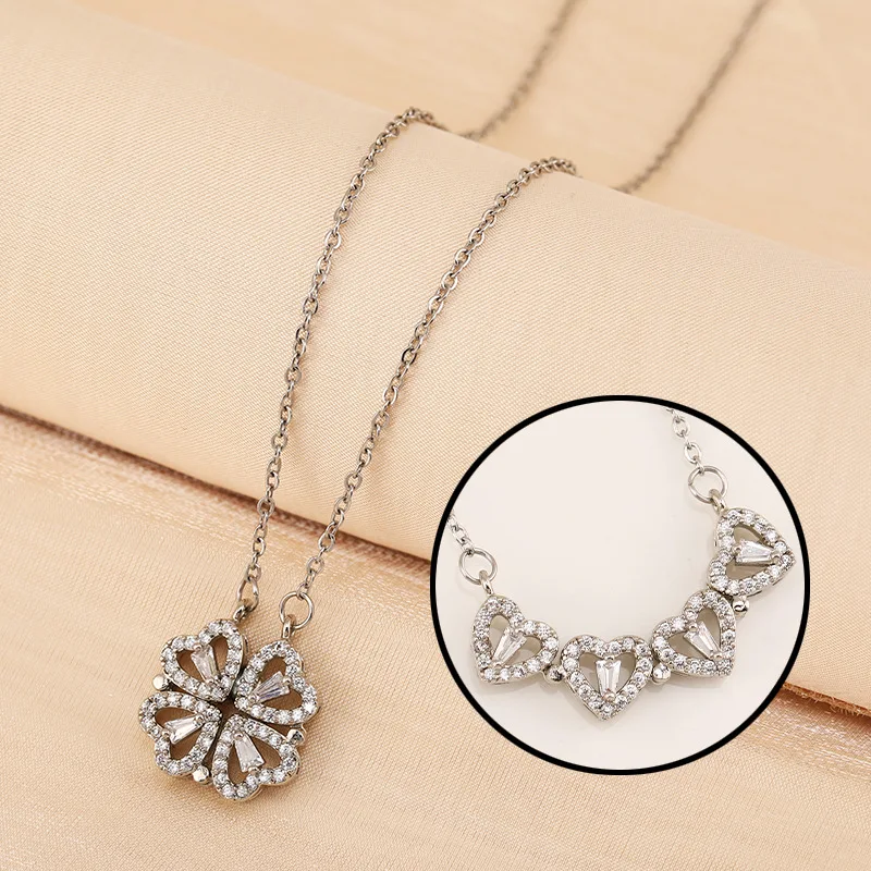 Korea Two Wear Four-Leaf Clover Love Heart Pendant Necklace Stainless Steel Zircon Magnet Necklace for Girls Women Fashion