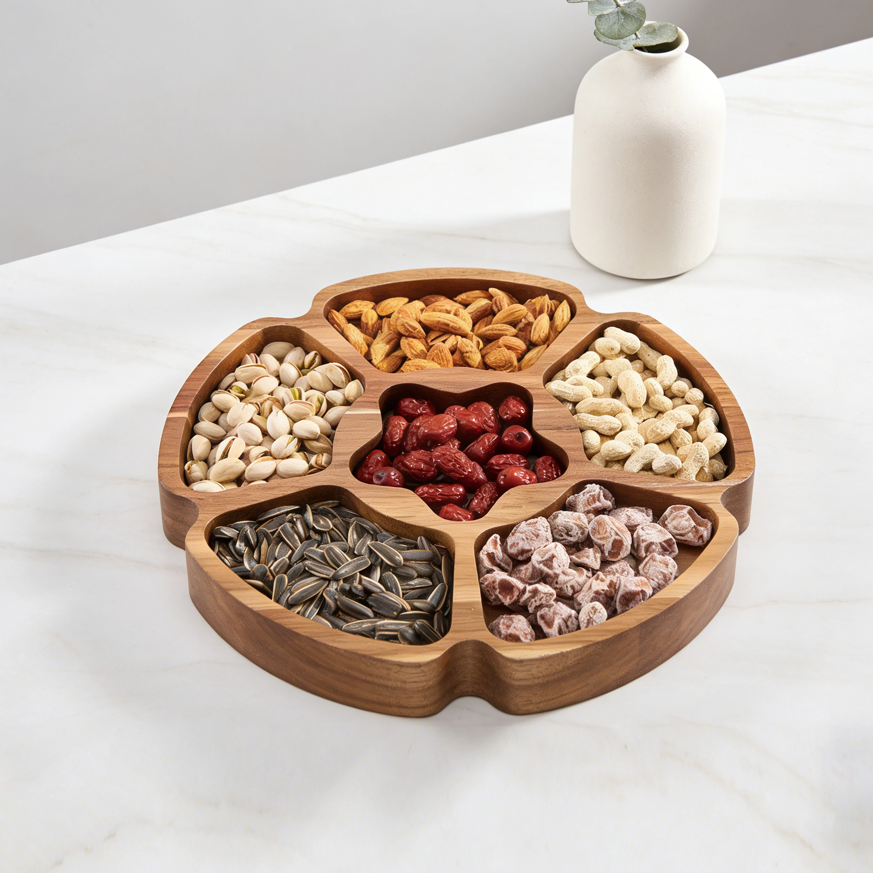 Custom 6 Compartments Acacia Wood Divided Appetizer Serving Platter Serving Tray Dry Fruit Platter for Snack Veggie