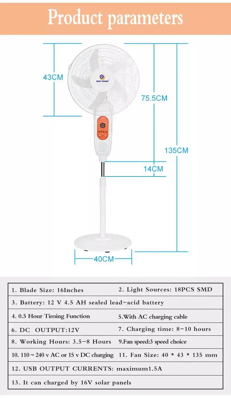 Inch V Ac Dc Solar Panel Electric Energy Rechargeable Fan With Battery And Led Light Stand