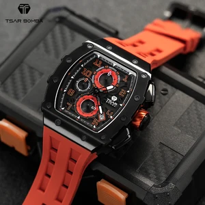 Luxury Fashion Men's Quartz Chronograph Watch with 5ATM Waterproof Sapphire Crystal Tonneau Case and Silicone Sport Band