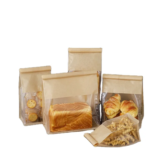 Custom printed logo Wholesale white brown kraft paper toast packaging plastic with clear window packaging bag