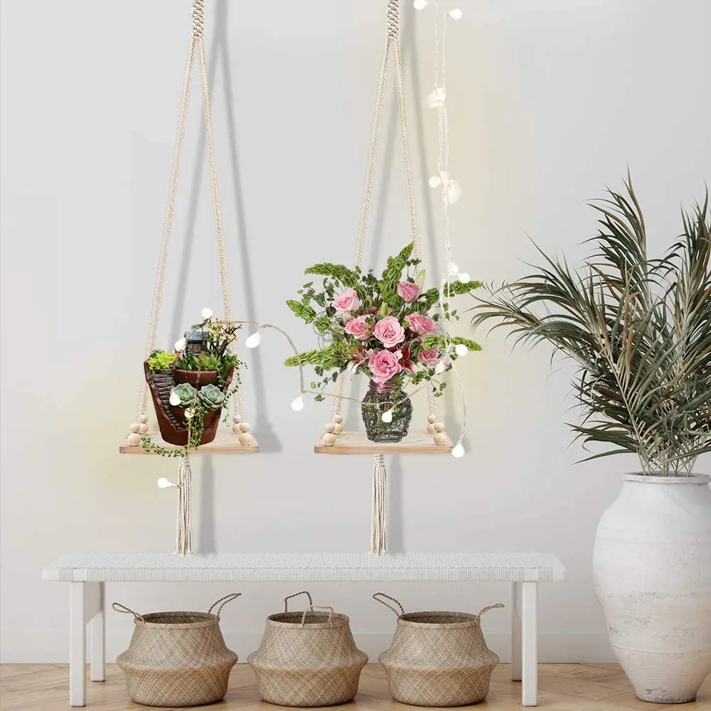 マクラメプラントハンガー シェルフ マクラメプラントハンガーウッドボード付きマクラメシェルフハンギング