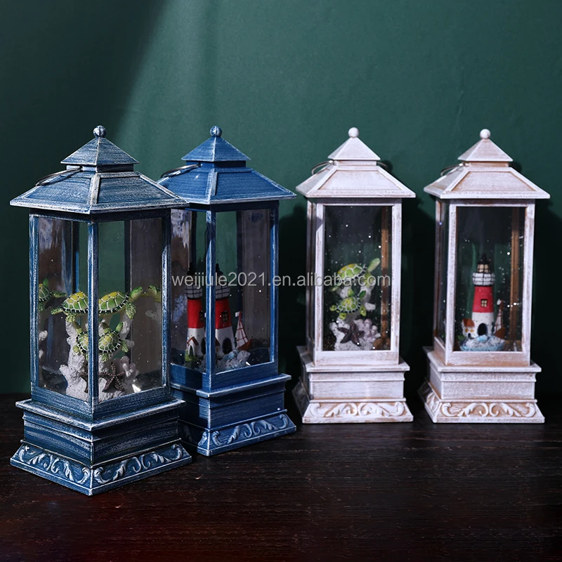 New resin lighthouse design and decorative wind lamp, unique rotating water-light snow globe