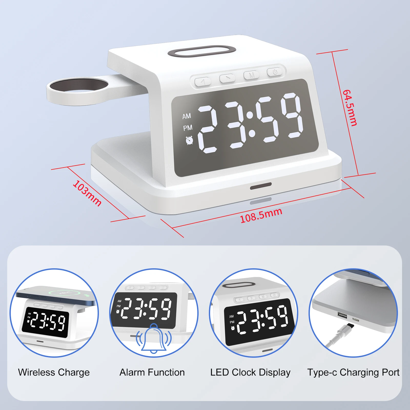 Adjustable Smartwatch Stand 4 In 1 Wireless Charger With Digital Alarm