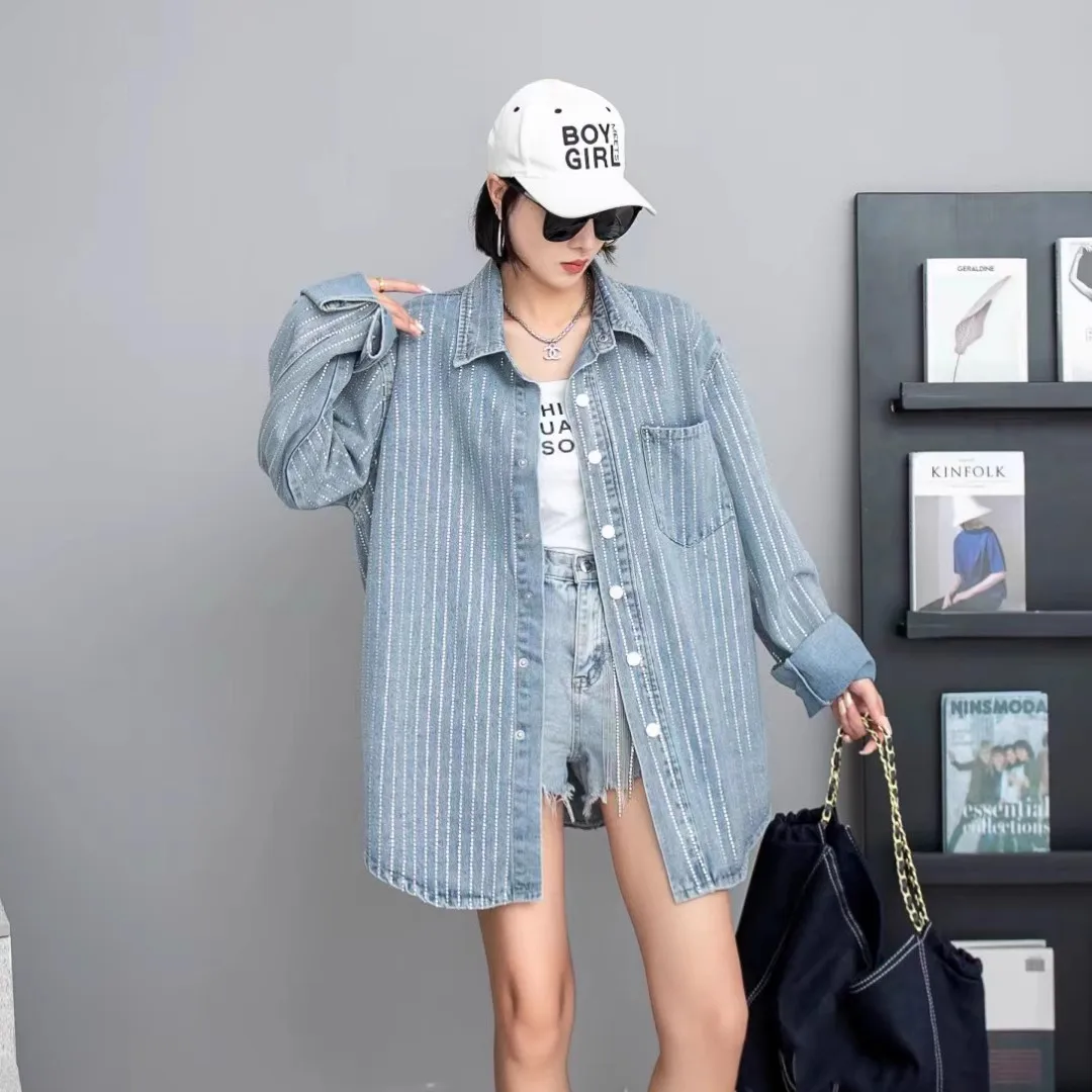 Wholesale 2023 Spring European Striped Crystal Hot Diamond Denim New Loose Casual Versatile Long Sleeve Women's Shirts