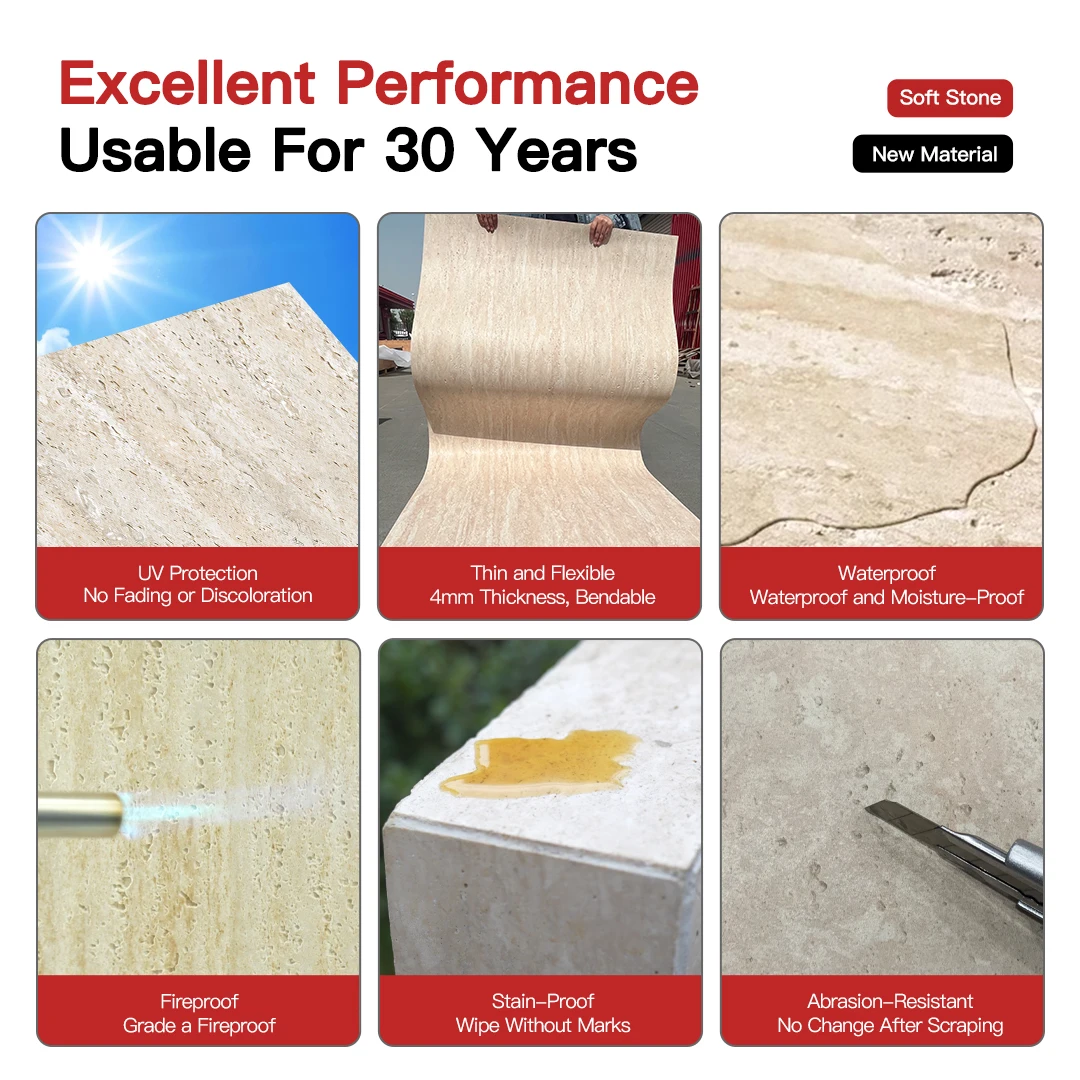 Free Samples Travertine Stone Table Texture Design Floor Wall Soft Ceramic Tile Flexible Stone Veneer Stripe