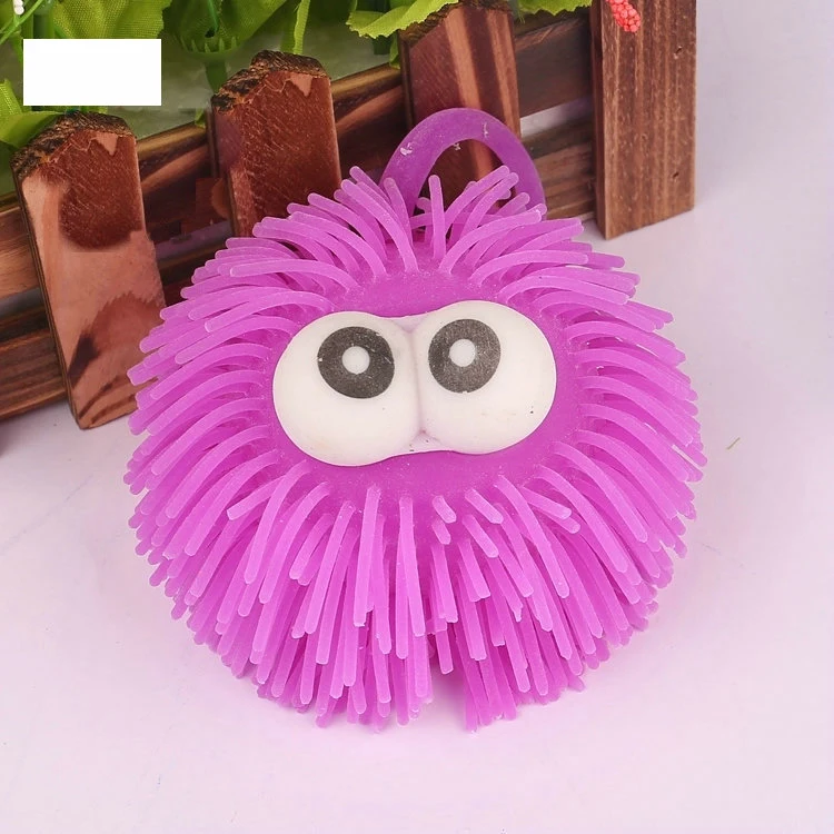 Factory Custom Light Rubber Flashing Toy Led Soft Hairy yoyo Puffer Ball with Eyes