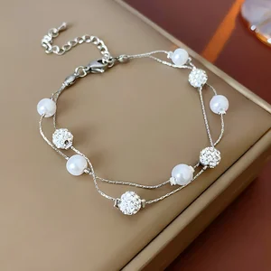 Double Layered Silver Bracelet with Pearl and Crystal Beads Elegant Women's Jewelry Perfect for Daily Wear Joias De Luxo