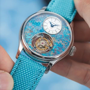 OEM Skeleton Tourbillon Watch Sapphire Glass 316L Stainless Steel Leather Strap Sky Blue Dial China Mechanical Wrist Watch Men