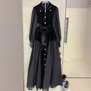 Own Factory Accept Customization Autumn Winter Long Dress Women Lantern Sleeve Velvet Turn-down Collar Diamonds Button Party