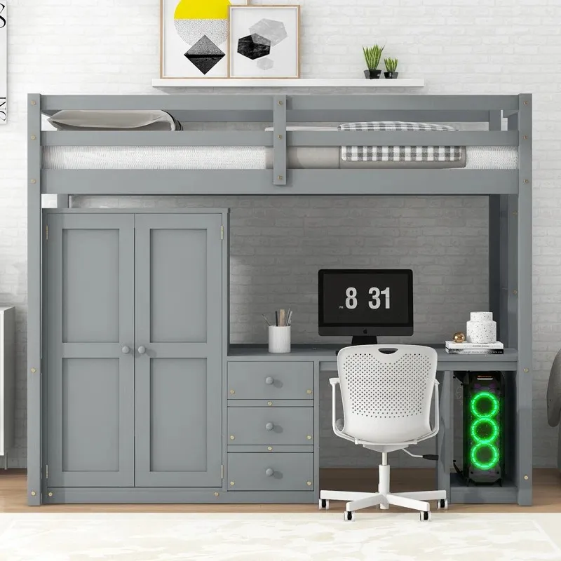 Loft Kids Bed with Wardrobe, Desk & Storage Drawers - Twin Size, Space ...