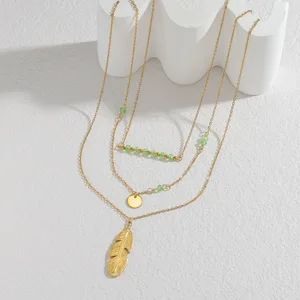 Titanium Steel Layered Necklace for Women Feather Pendant Necklace Jewelry Trending