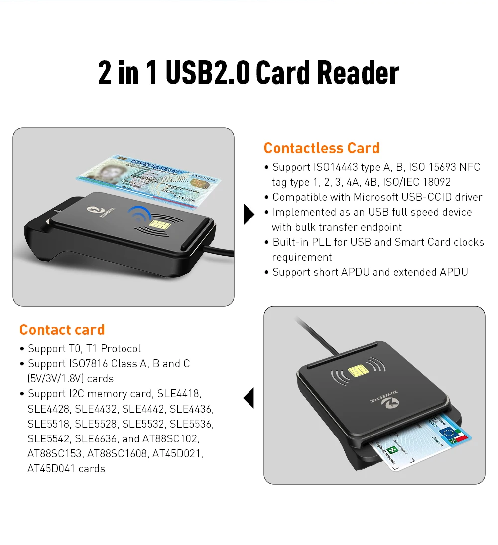 ZOWEETEK 2 in 1 USB Card Reader Contactless ISO 14443 RFID NFC Card Reader Writer and Contact ISO 7816 Chip Card Reader Writer