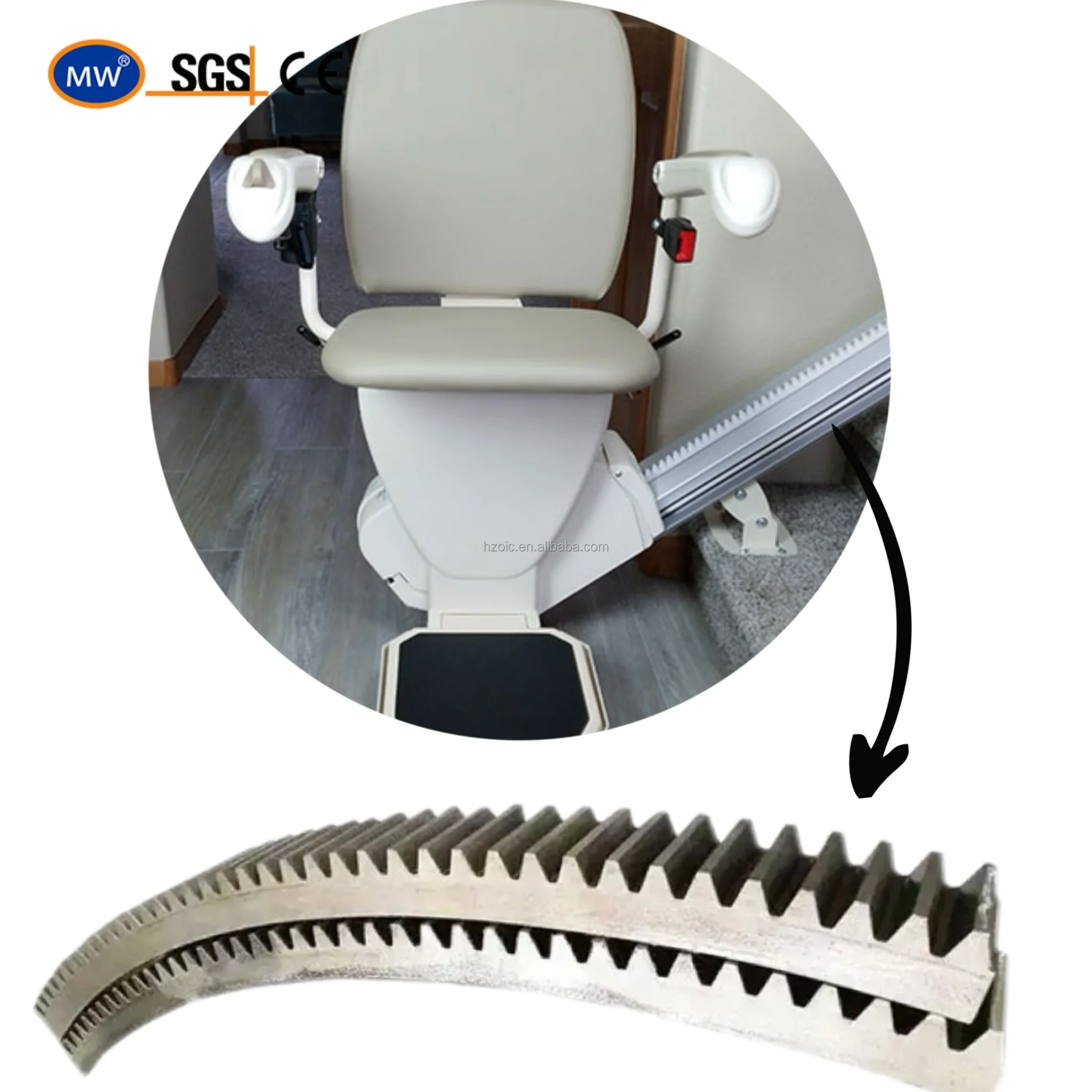Customizable Precision Machining Curved Hobbed Spur Pinion Stairlifter Gear Rack for Staircase Handrails and Different Scenes