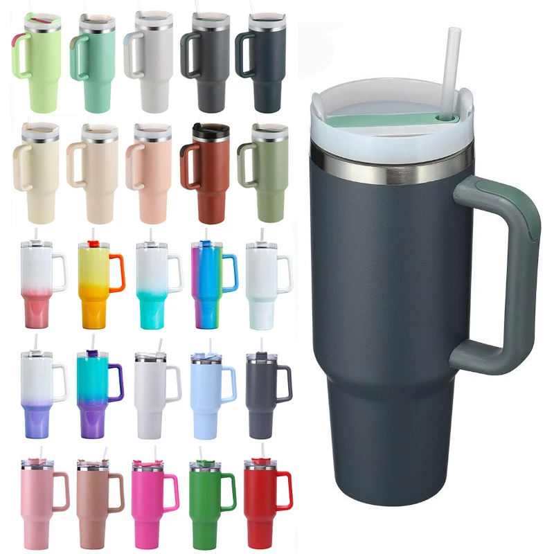 Custom 40 oz tumbler with handle stainless steel double wall insulated coffee mugs with straw