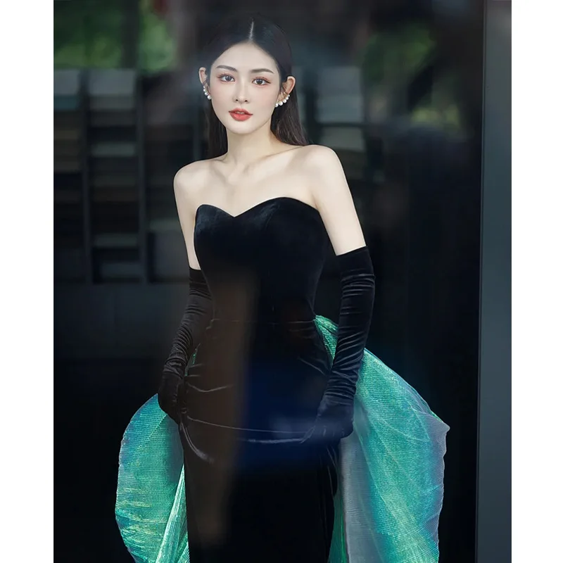 black velvet tube dress Black Velvet Strapless A-Line Midi Dress with Embellishments