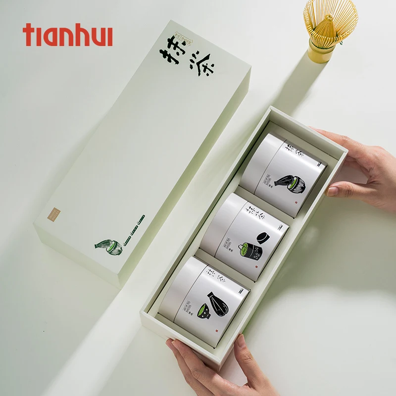 Fabricante de cajas de papel vacías Tianhui, latas de Matcha resellables para embalaje de té Matcha, juego de Matcha