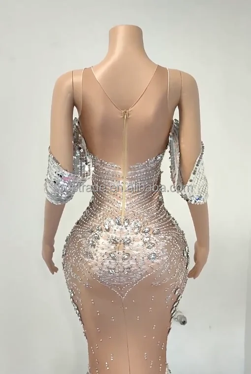 Satin Beaded Strapless Catwalks High Slit Roupa Vestido Largo De Mujer Wedding Dress Gown Haute Couture Tailed Dress