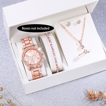 Wholesale 6PCS Set Luxury Wrist Watch for Women Ring Necklace and Earrings Rhinestone Fashion Ladies Bracelet Quartz Watches