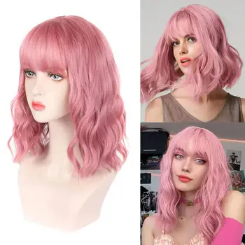 Mengtong Factory Wholesale Fashion Short Pink Curly Hair Cosplay Wig High Temperature Fiber Natural Wave Style Transparent Lace