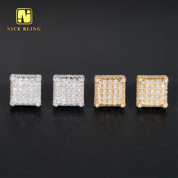 Full Iced Out Lab Diamonds Ear Studs 10K Solid Gold Jewelry Earrings Square Shape Shining Moissanite Earrings For Men Women