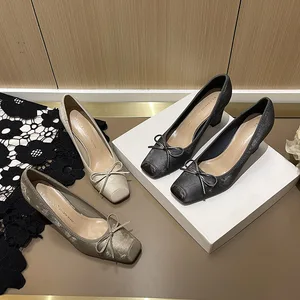 3266-2 French Advanced Design Sense Niche Square-headed Temperament High Heeled Shoes Women Slip-On Autumn Thick Heeled Joker