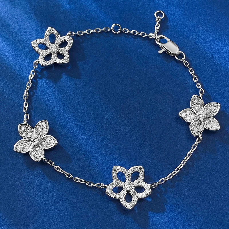 New S925 Silver Hollow Five Petal Flower Bracelet for Women