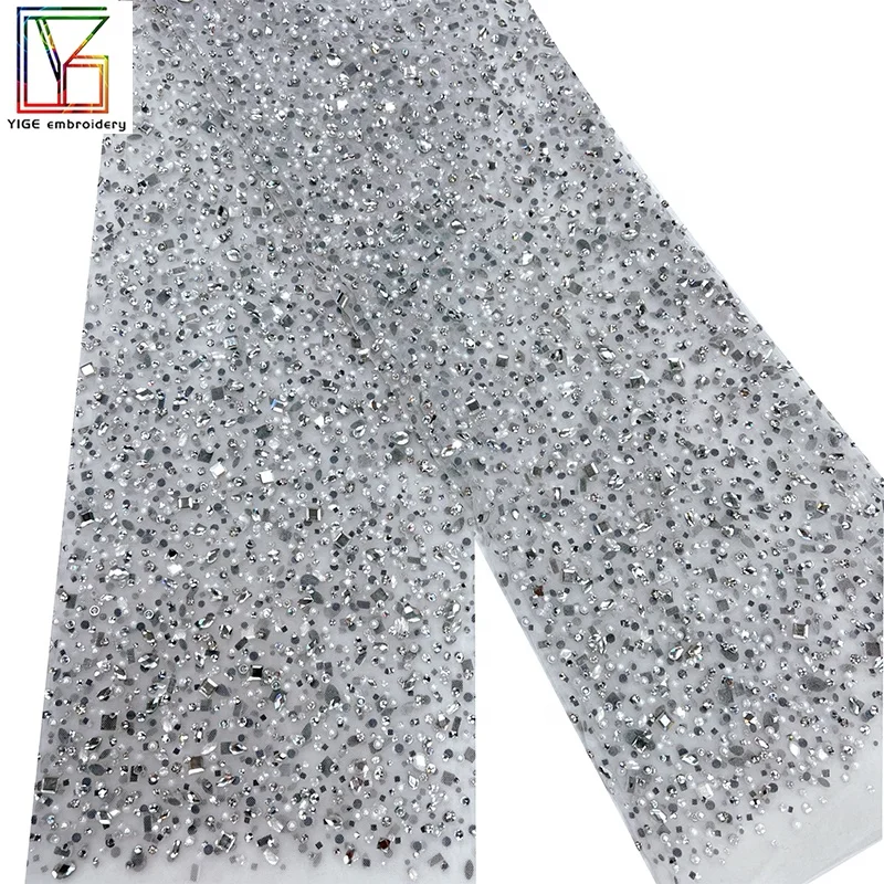 Stones Fabrics Rhinestones Bridal Mesh Tulle Dress Rhinestone Cloth and  Hand Pearl Luxury Swarovski Crystal Lace Fabric