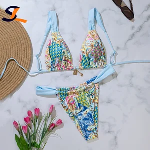 Factory Custom Brazilian New Sexy Solid Metal Two Piece Bikini Triangle Swimsuit Women Thong Swimwear