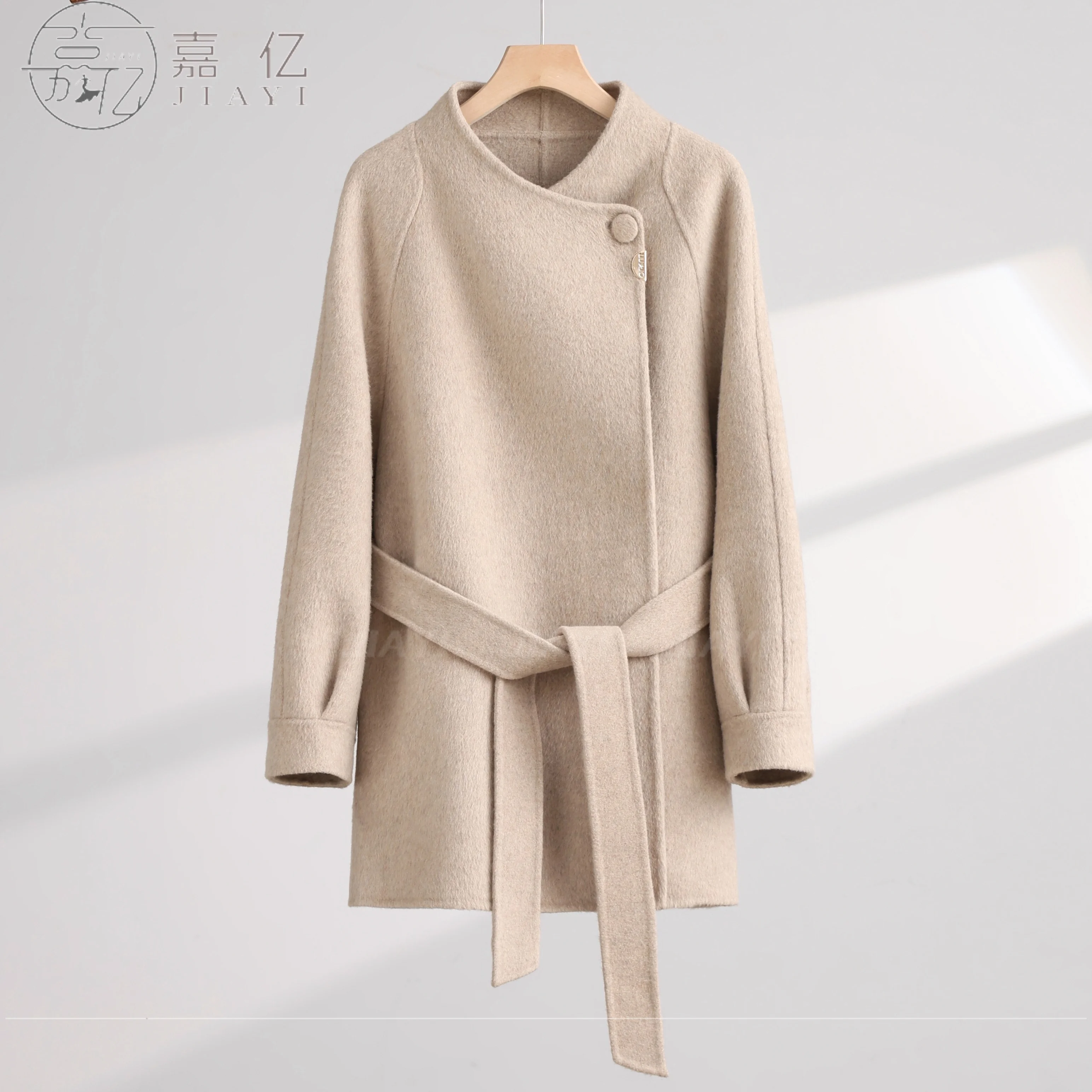 Soft Gentle Stand - Collar Wool Coat, Waist - Tied Figure - Flattering Mid - Length Woolen Overcoat