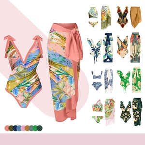 JSN 2026 New Women Printed Swimsuit Cover up Ruffle Strap One Pieces Bathing Suit Floral Swimwear Beachwear