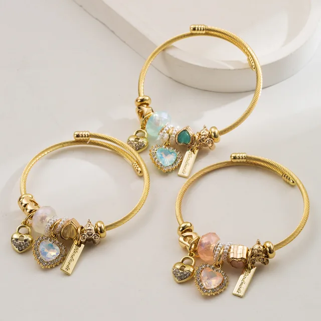 High Quality Gold Plated Stainless Steel Crystal Heart Pendant Large Hole Beads Lock Charm Bangle Bracelet for Women