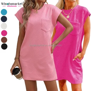 Trendy Women Dresses Summer Solid Color Lightweight Straight Silhouette T-shirt Dress with Pocket