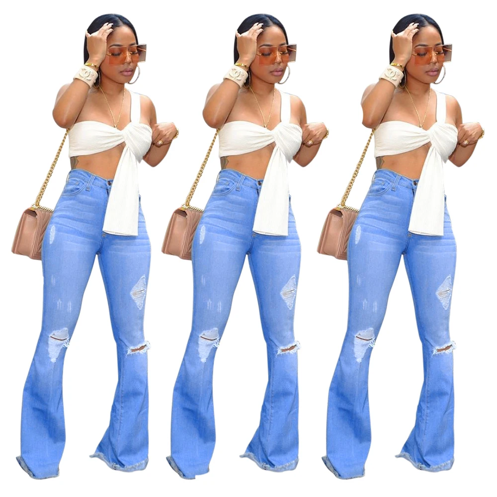 M5120 Women Fashion Solid Ripped Bells 