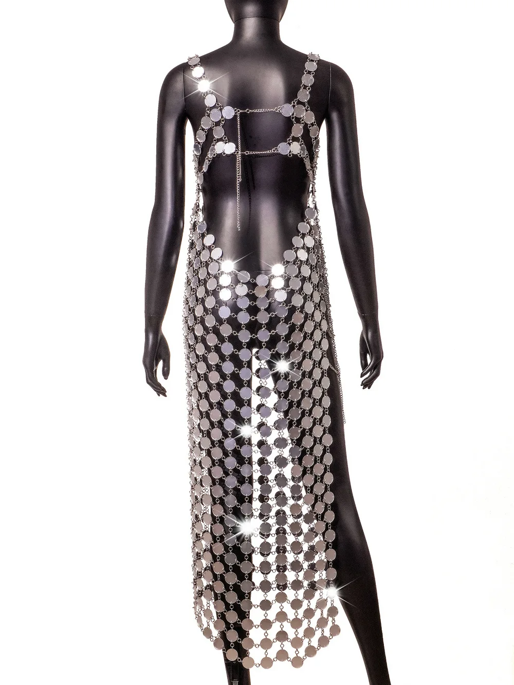 Silver Acrylic Sequin Chainmail Coin Side Slit Mini Dress