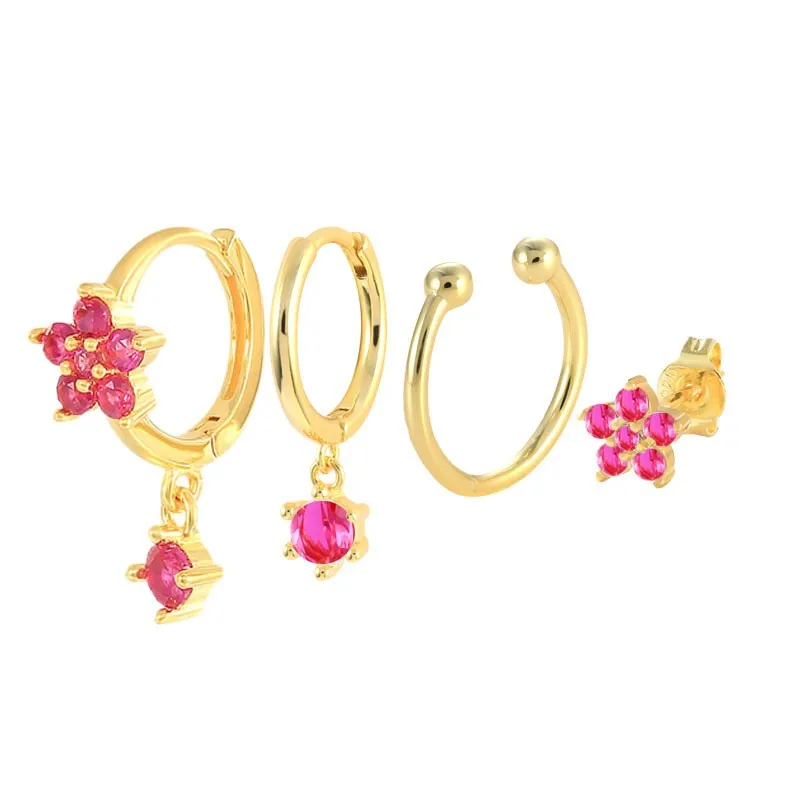 Flower 4 Pieces Set Multicolour Diamond Stud Hoop Drop Earrings Set Fashion 925 Sterling Silver Earrings Women