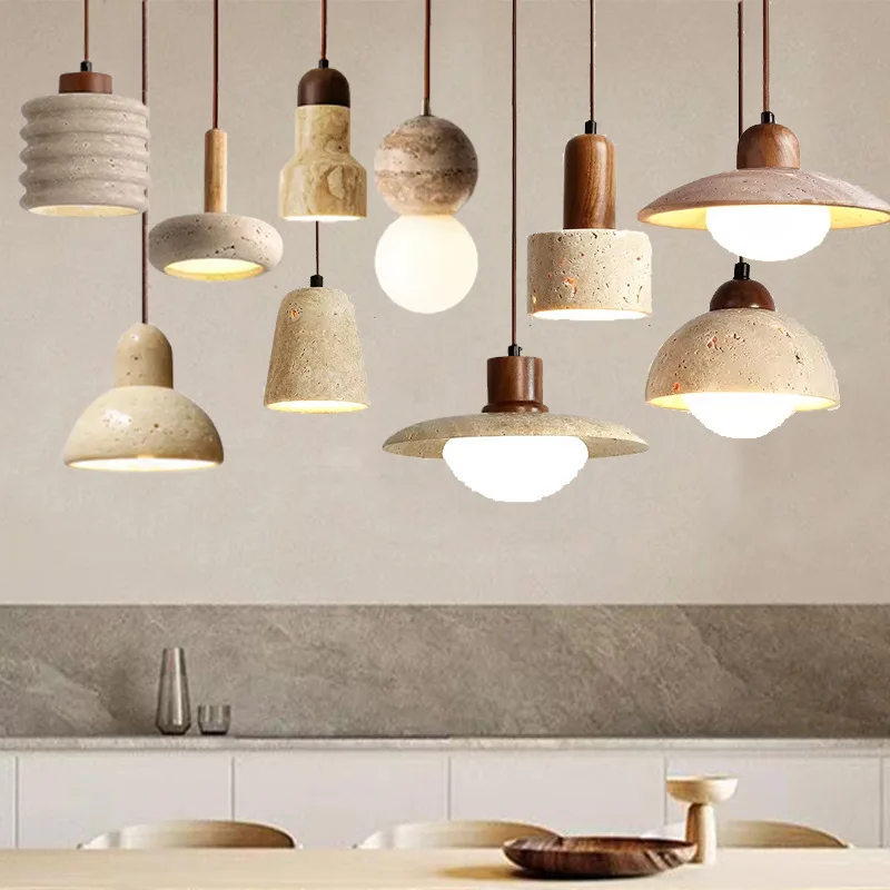 Natural Travertine Pendant Light Modern Wabi Sabi Stone Hanging Lamp Minimalist Dining Room Chandelier Wooden Accent Lighting