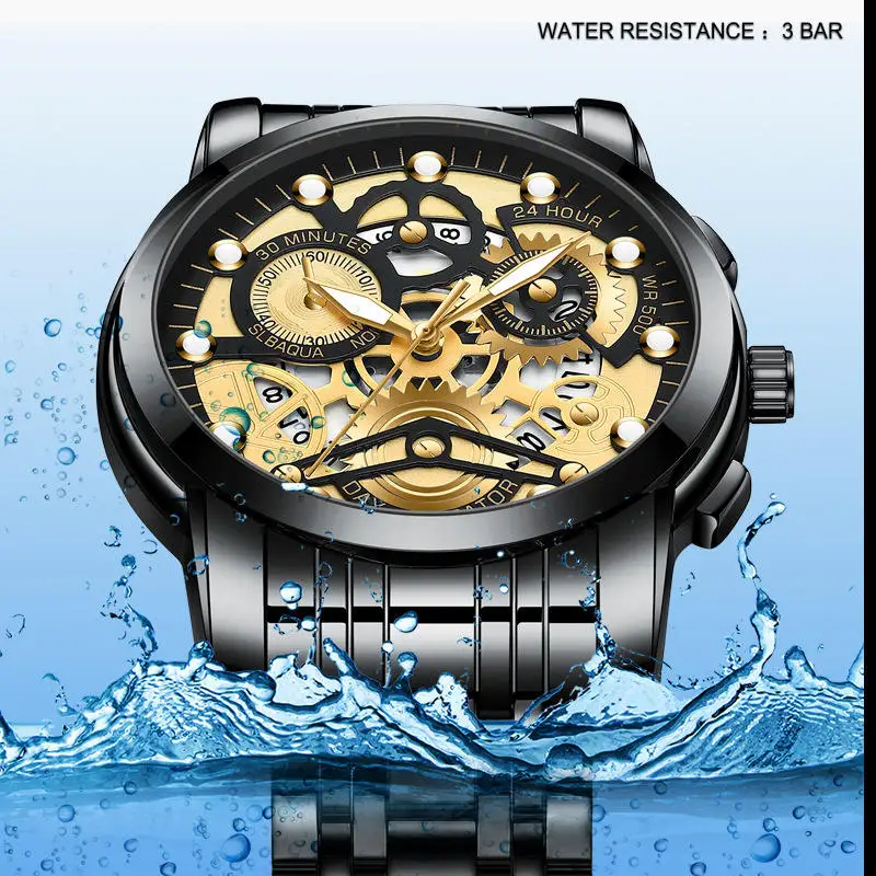 VAVA VOOM Gold Men's Watch Hollow Trend Quartz Stainless Steel Waterproof Luminous Fashion Wrist Watches for Men