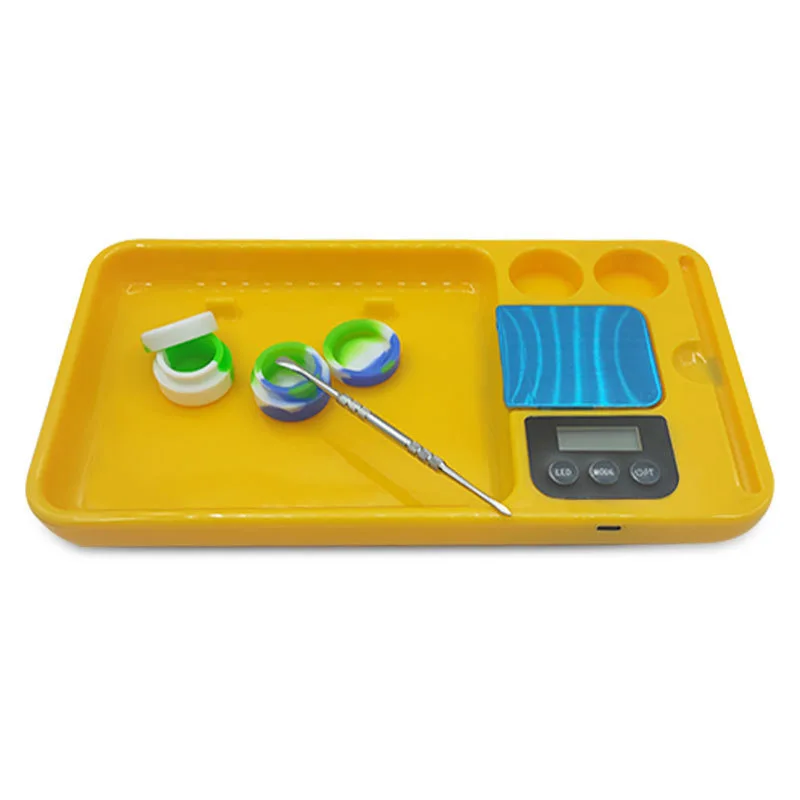 Factory Wholesale Custom Logo Multi Function Serving Tray 5 in 1 Led Glow Rolling Tray With Digital Scale Silicone Jars Spoon