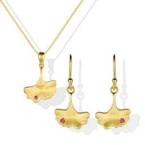 Original Design 9k 14k 18k Gold Inlaid Corundum Ginkgo Earring Necklace Jewelry Set Botanical Elements Leaves for Weddings