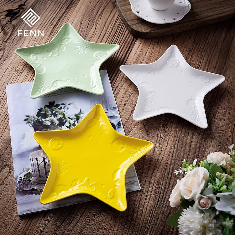 FENN Christmas Decoration Creative Star Shaped Assiette Dessert Fruit Plate Christmas Ceramic Food Serving Plates Dishes Vintage