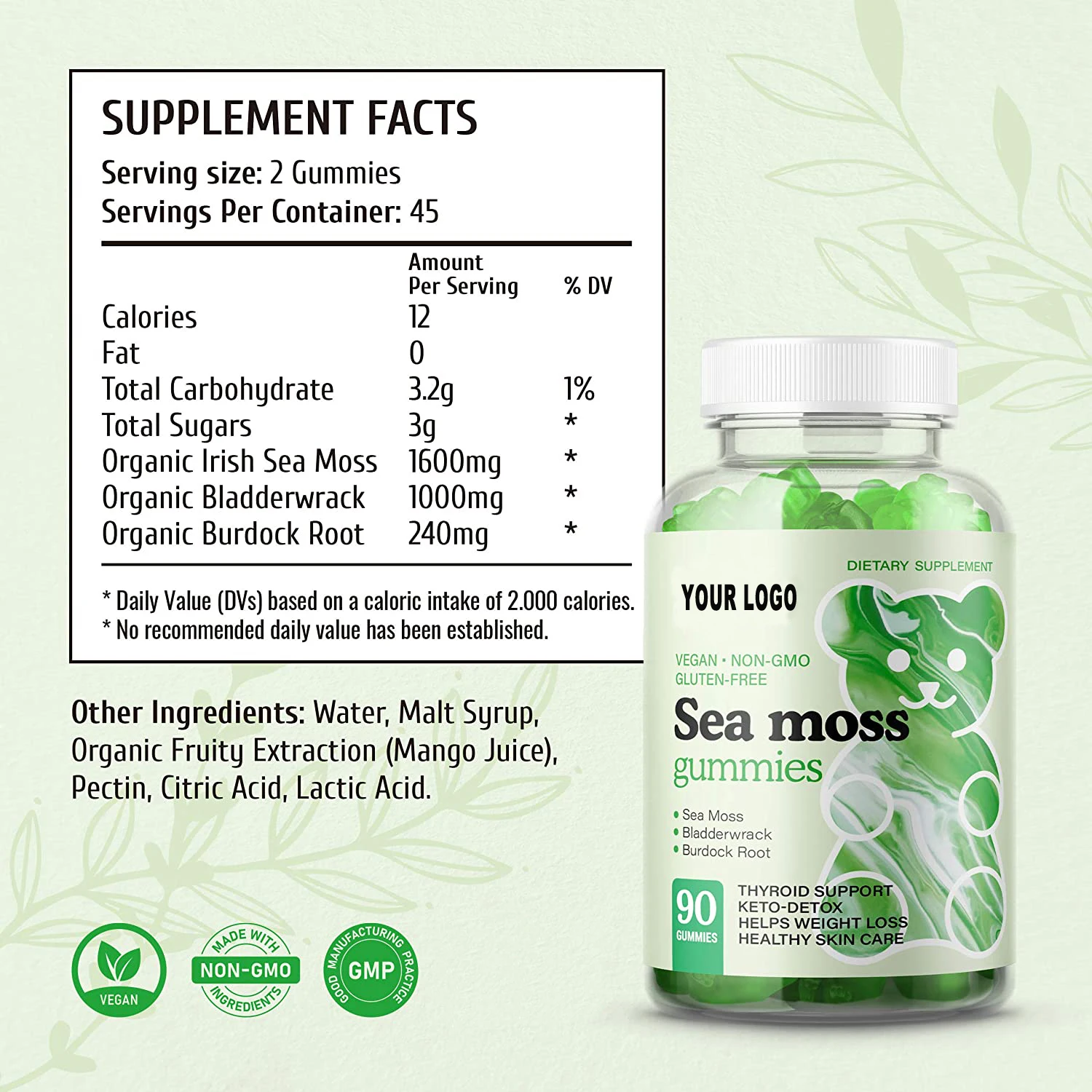 Фирменная натуральная многофункциональная 1600 мг ирландский морской мох, диетические добавки