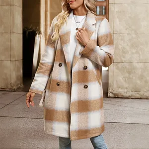 2025 New Women's Clothing: Leisure Retro Style Medium-Length Double-Breasted Waistcoat Lapel Fleece-Processed Plaid Lady Coat